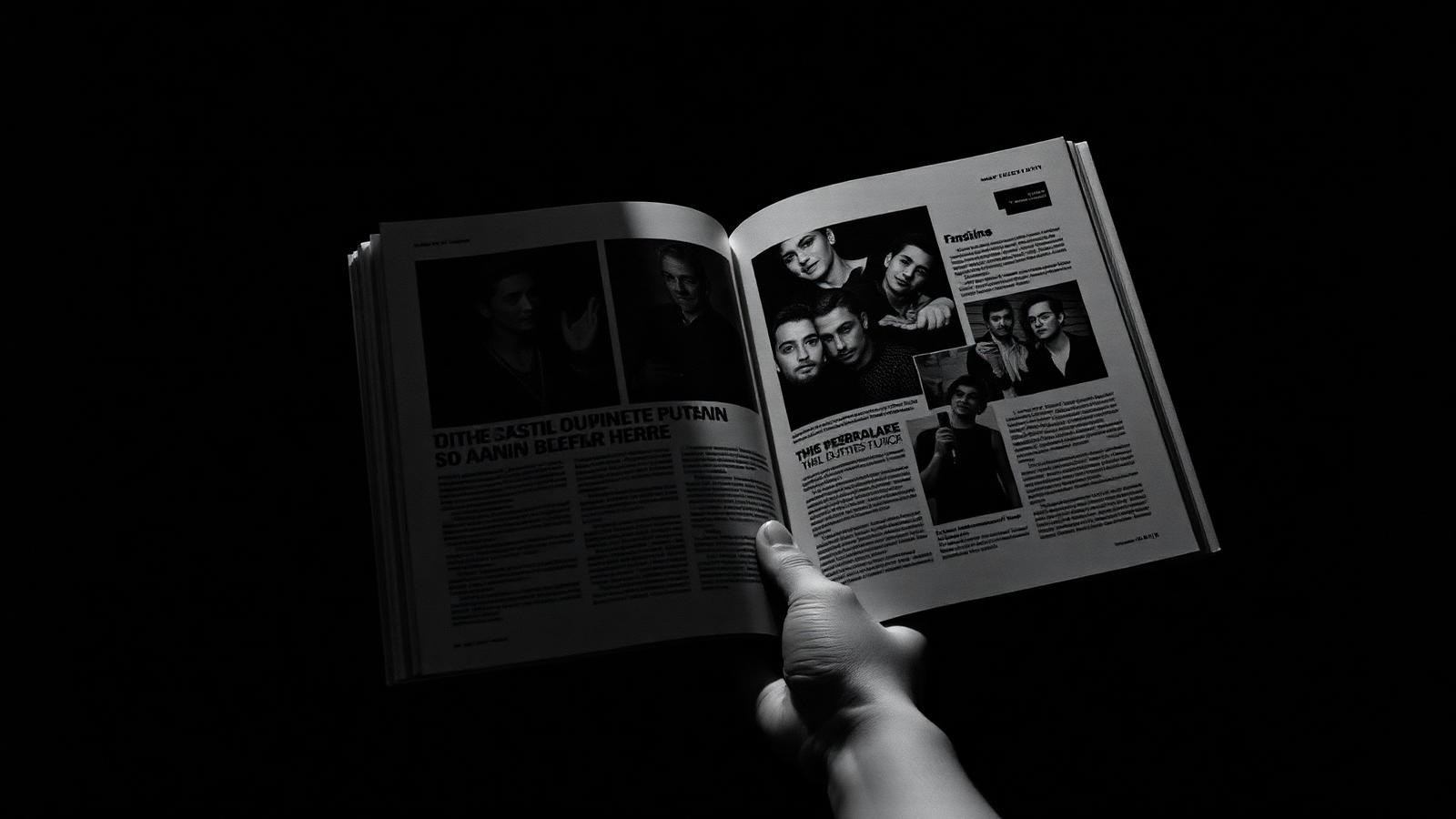 Manos sosteniendo un fanzine abierto en blanco y negro con grano
